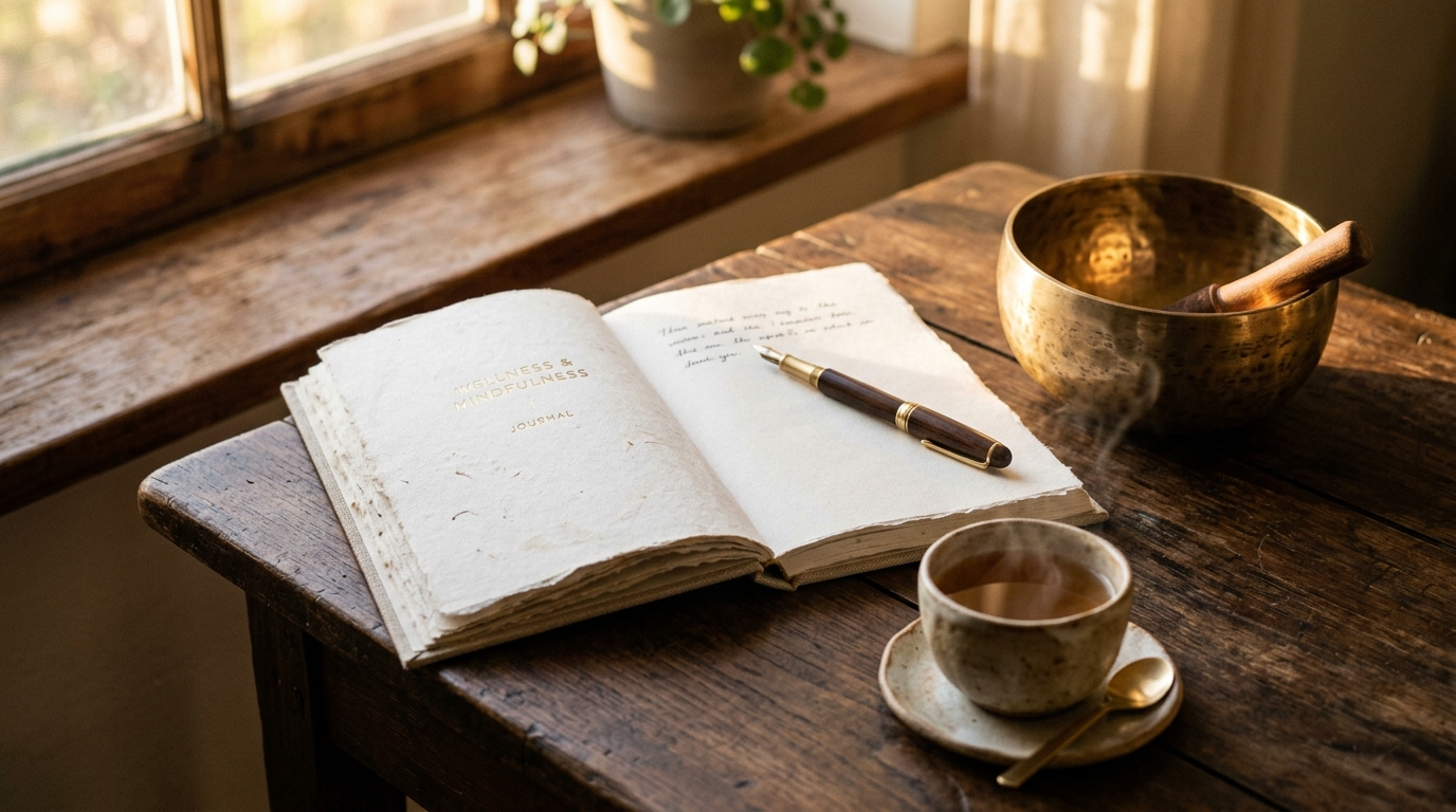 Minimalist still life with journal, warm tea, and brass singing bowl in morning sunlight