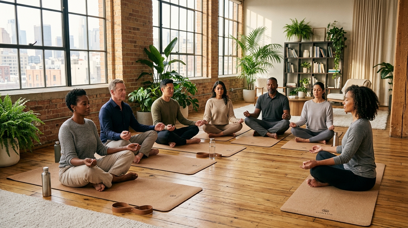 Corporate team seated on cork yoga mats in sunlit modern office during mindful breathwork