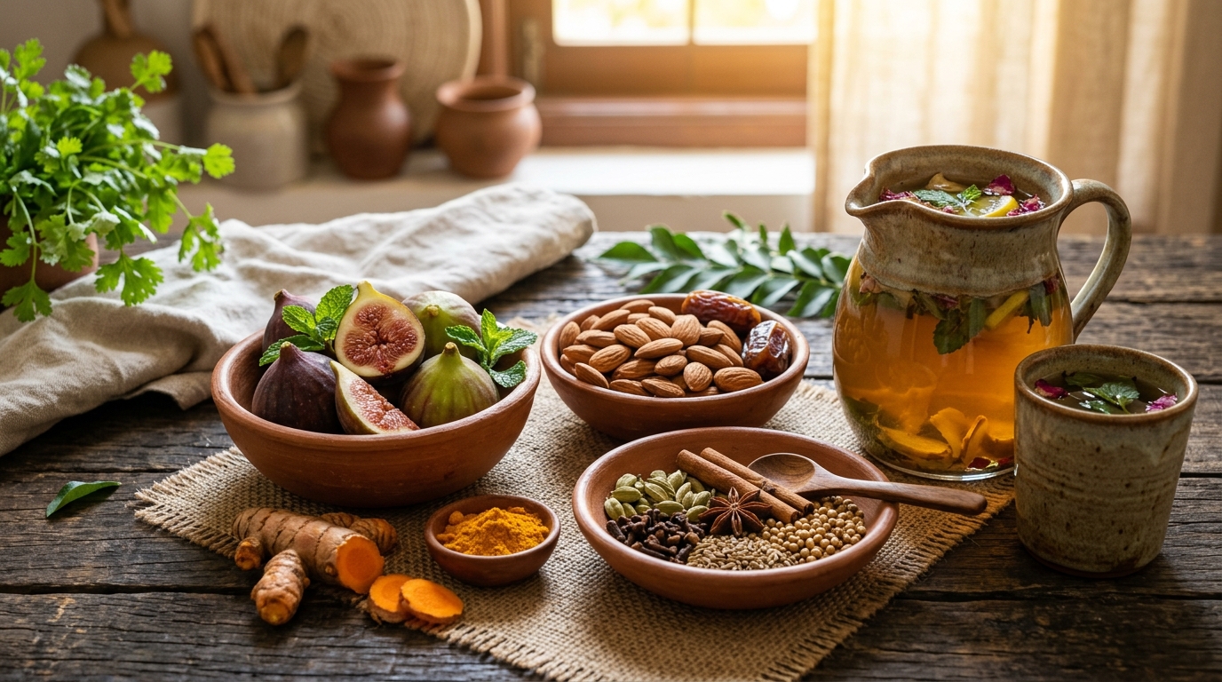 Sattvic fresh fruits, almonds, and turmeric root in earthen bowls