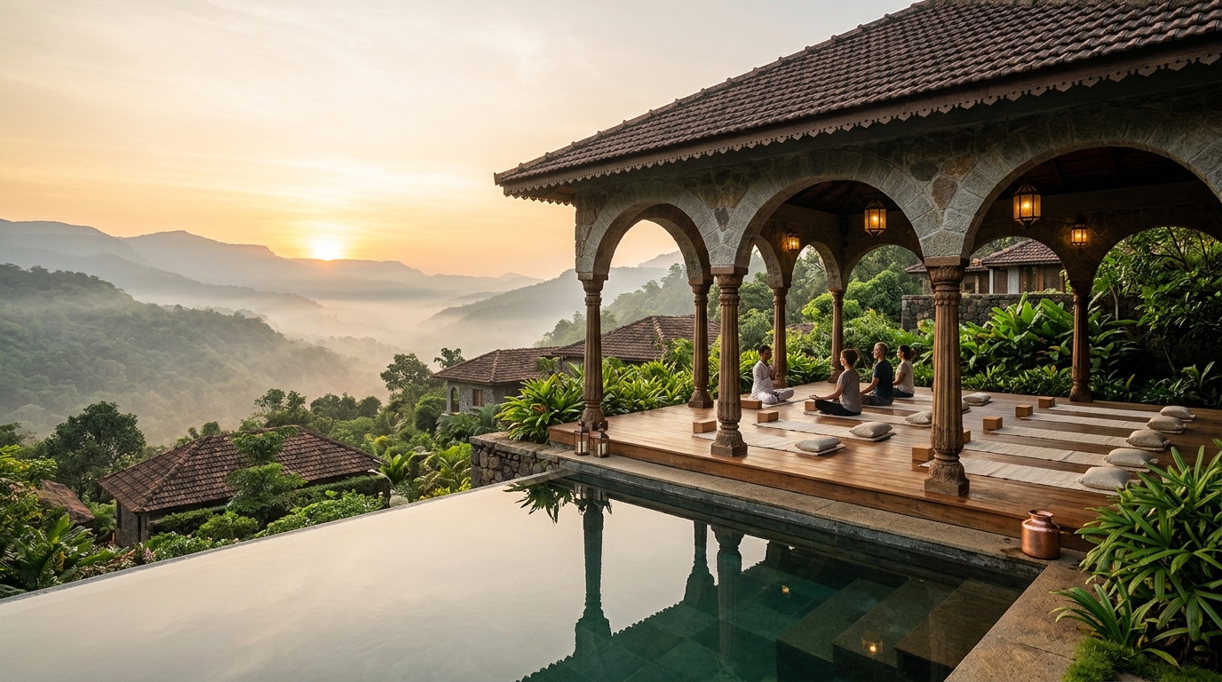 Heritage boutique wellness retreat pavilion in misty Sahyadri hills overlooking infinity pool at sunrise