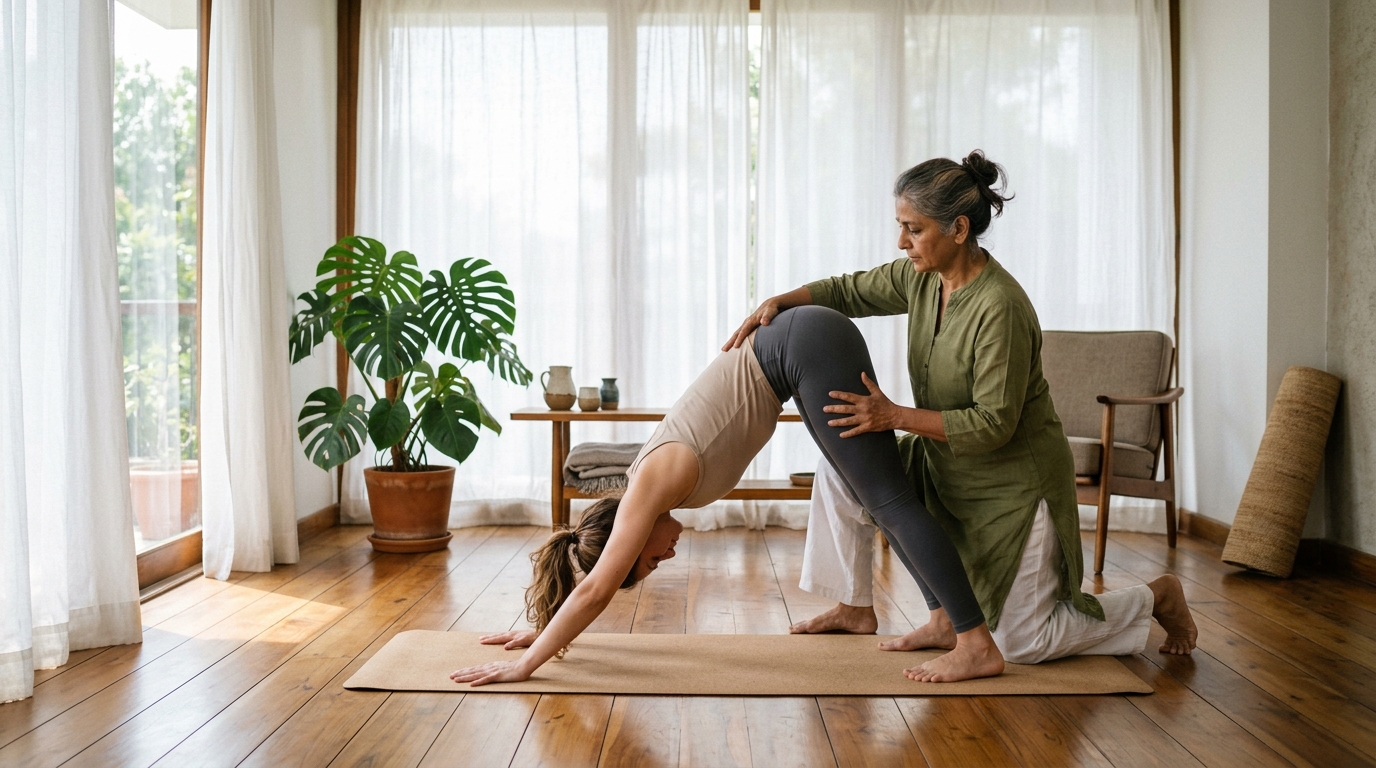 One-on-one personal yoga alignment guidance in a sunlit private home